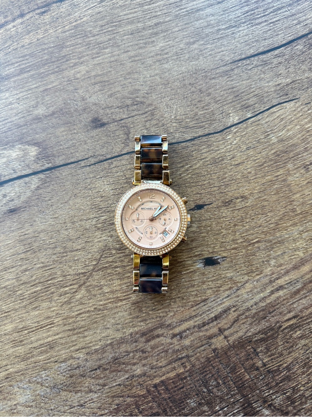 Michael Kors Rose Gold Crystal Chronograph Tortoise Bracelet Watch